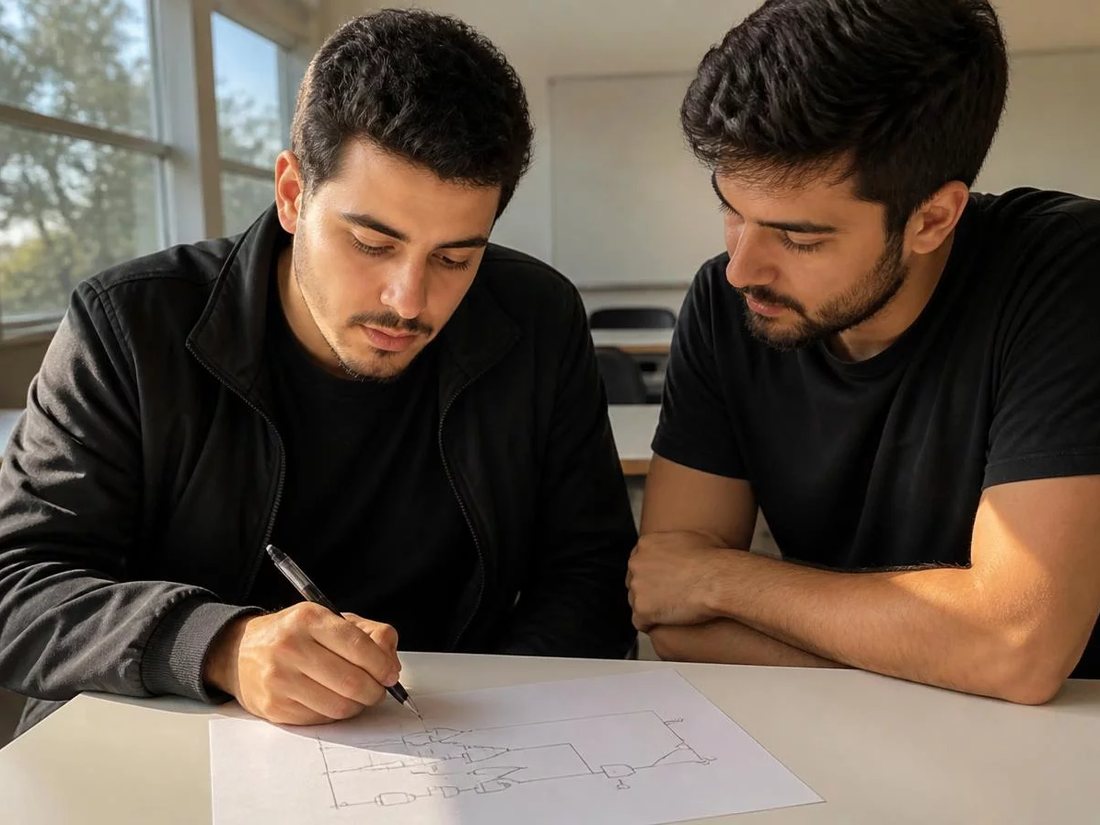 Dupla relendo anotações num tablet apoiado na mesa de madeira