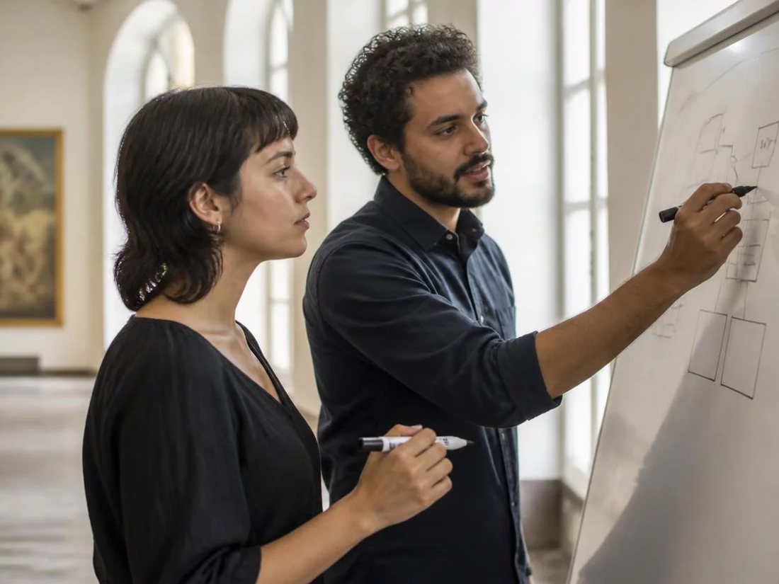 Duas pessoas diante do quadro branco com a armação de um argumento rabiscada
